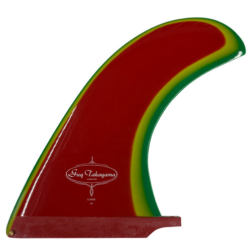 Side View - 10.0" Guy Takayama Classic longboard single fin new rasta color fiberglass surfboard fin