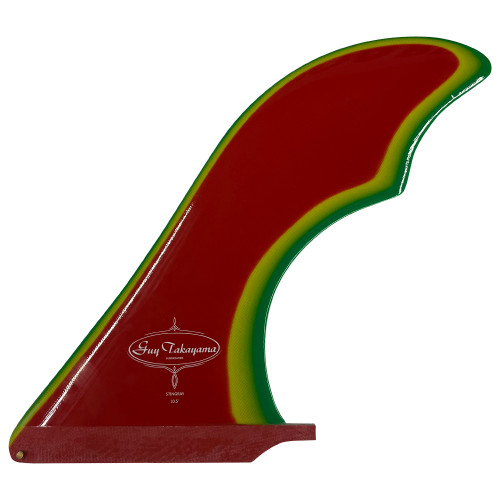 Side View - Guy Takayama Stingray longboard single fin rasta color gloss finish fiberglass surfboard fin