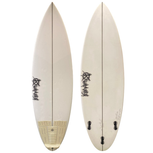 Top and Bottom View of 5'5" Rumaner Surfboards custom used high-performance shortboard surfboard for fast and responsive surfing