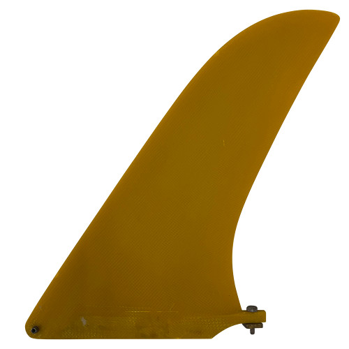 Side View - Used 11.0 inch yellow pivot single fin for longboard surfboard, classic upright singlefin for tight turns and control.
