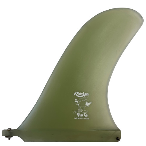 Side View: Rainbow Fin Co 10.25 inch red orange Nomad longboard single fin, used