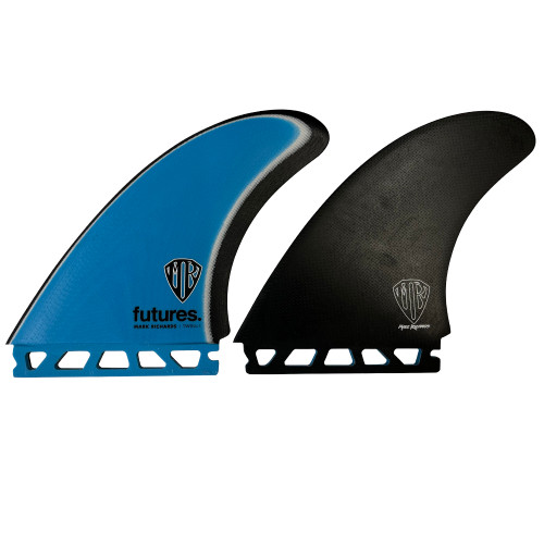 Side view - Futures Mark Richards twin fin set lightly used surfboard fins for speed and twin fin performance surfing