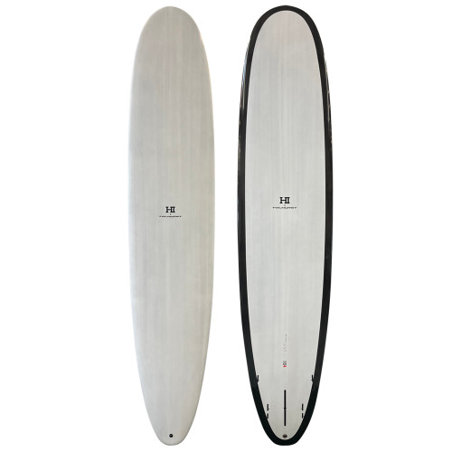 Top and Bottom View - 9'3 Tolhurst Surfboards HI4 performance longboard in Thunderbolt Black lightly used with clean rails and high performance longboard outline