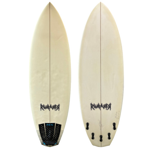 Top and Bottom View - 5'11 Rumaner Surfboards custom used high-performance groveler shortboard surfboard designed for fast paddling, speed generation, and responsive surfing in small to medium waves