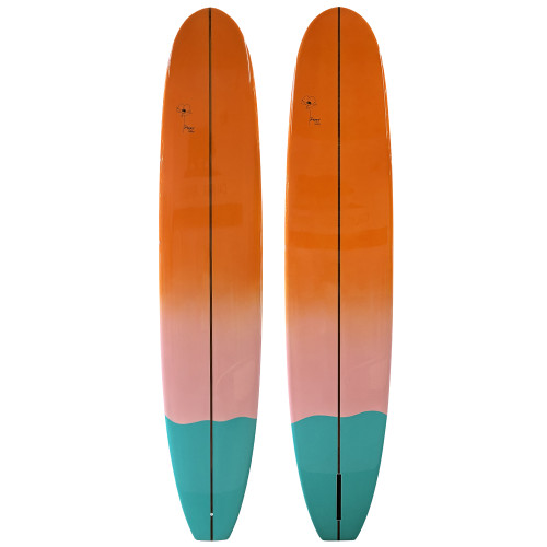 Top and Bottom View - 9'6 Poppy Curated Surfboards - New Classic Noserider Longboard (orange, pink, blue)