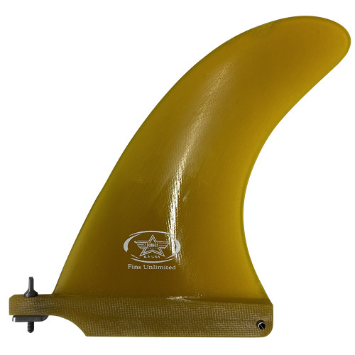Side View - 6.5 inch Fins Unlimited Dale Dobson Performance used trailing single fin in yellow for longboard and 2+1 surfboard setups