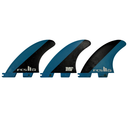 Side View- Used FCS II Mick Fanning Medium Thruster Fin Set featuring performance-driven construction, balanced flex, and responsive control for power surfing in a variety of wave conditions.