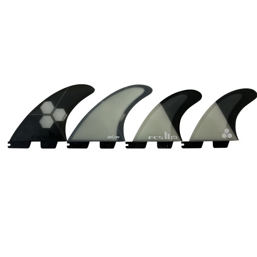 Side view of the FCS II "AM Quad" Quad Fin Set Large - a Lightly-Used Quad Surfboard Fin Set available For Sale at Stray Boards San Clemente CA