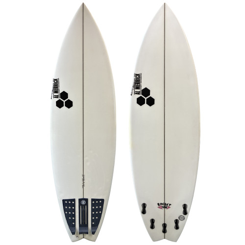 Top and Bottom view of a 6'4 Channel Islands "Rocket Wide" UltraLight Glassing Lightly-Used Performance Shortboard – a Lightly-Used Performance Shortboard available for sale at Stray Boards, San Clemente, CA.