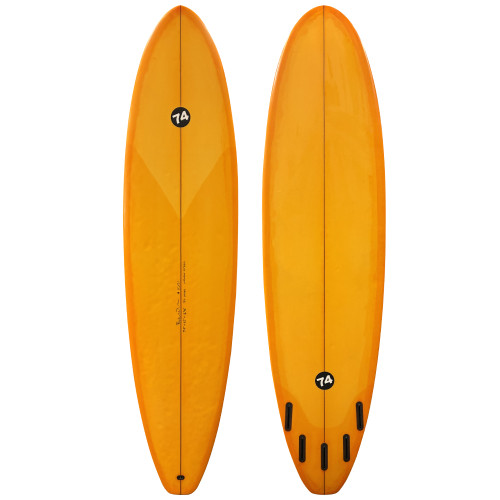 Top and Bottom View - 7'6 74 Surfboards "Outlaw Hybrid" - Used 5 Fin Midlength