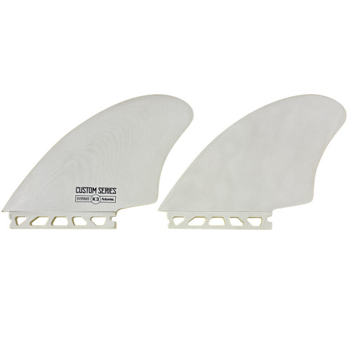 Side View - Futures Custom Series K3 white surfboard fin set for high-performance twin surfing and responsive control