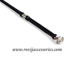 
A gorgeous finely Plaited Black Leather Whip with a Silver Rhinestone Topper
Plaited on a tapered fiberglass shaft
Stitched Flapper 
