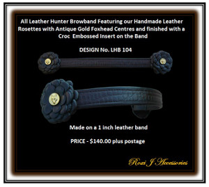 Havana Leather Show Hunter Browband featuring our Handmade Leather Rosettes and Croc Print Insert.