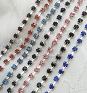 1 row Silver Set Coloured Rhinestone Chain - 10 cm