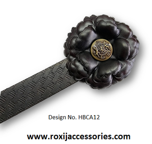 Instock Design No. HBCA12 - Havana 
Genuine Leather Havana Brown Embossed Browband featuring Roxi J’s Handcrafted Rosettes featuring Antique Brass Coat of Arms Centres.
1 x 14 inch Browband made on a 1 inch band
