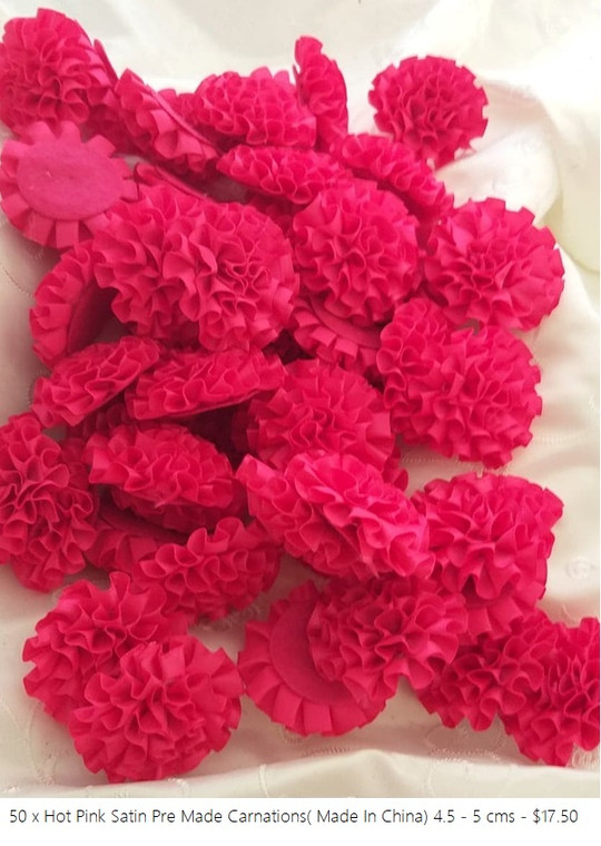 50 x Hot Pink Satin Pre Made Carnations ( Made in China) 4- 4.5 cm 
