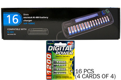 16 Bay AA / AAA LCD Battery Charger + 16 AAA AccuPower NiMH Batteries (1200 mAh)