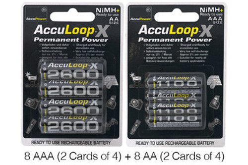 8 x AAA (1100 mAh) + 8 x AA (2600 mAh) AccuPower AccuLoop-X NiMH Battery Combo 8 x AAA (1100 mAh) + 8 x AA (2600 mAh) AccuPower AccuLoop-X NiMH Battery Combo