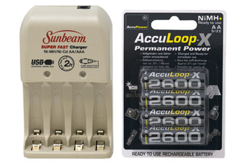 Sunbeam AA / AAA Battery Charger + 8 AA AccuPower AccuLoop-X NiMH Batteries (2600 mAh) Sunbeam AA / AAA Battery Charger + 8 AA AccuPower AccuLoop-X NiMH Batteries (2600 mAh)