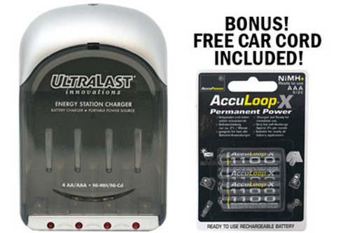 UltraLast AA / AAA Smart Battery Charger + 4 AAA AccuPower AccuLoop-X NiMH Batteries (1100 mAh) UltraLast AA / AAA Smart Battery Charger + 4 AAA AccuPower AccuLoop-X NiMH Batteries (1100 mAh)