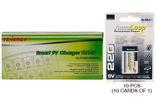10 Bay 9 Volt Charger + 10 x 9 Volt AccuLoop NiMH Batteries (220 mAh) 10 Bay 9 Volt Charger + 10 x 9 Volt AccuLoop NiMH Batteries (220 mAh)