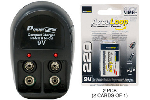 V-228 Two Bay 9 Volt Charger + 2 x 9 Volt AccuLoop NiMH Batteries (220 mAh) V-228 Two Bay 9 Volt Charger + 2 x 9 Volt AccuLoop NiMH Batteries (220 mAh)