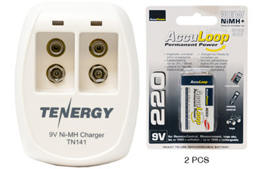 2 Bay 9 Volt Smart Charger + 2 x 9 Volt AccuLoop NiMH Batteries (220 mAh) 2 Bay 9 Volt Smart Charger + 2 x 9 Volt AccuLoop NiMH Batteries (220 mAh)
