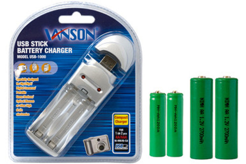 AA / AAA USB Charger + 2 AA (2700 mAh) + 2 AAA (1200 mAh) NiMH Batteries AA / AAA USB Charger + 2 AA (2700 mAh) + 2 AAA (1200 mAh) NiMH Batteries