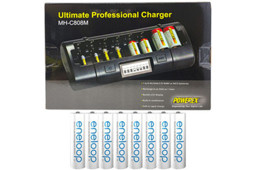 Powerex MH-C808M 8 Bay LCD Charger + 8 AA NiMH Panasonic (Sanyo) Eneloop Rechargeable Batteries (2000 mAh)
