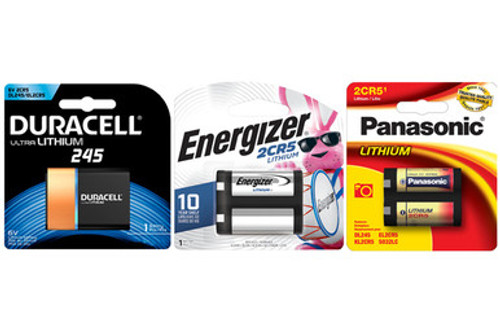 1 x Energizer + 1 x Duracell Ultra 245 + 1 x Panasonic 2CR5Photo Lithium Batteries (3 Total) 1 x Energizer + 1 x Duracell Ultra 245 + 1 x Panasonic 2CR5Photo Lithium Batteries (3 Total)