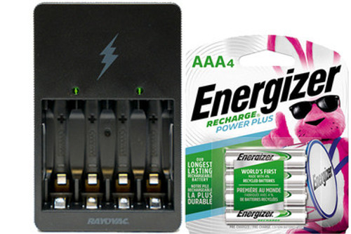 Rayovac AA / AAA Compact Charger + 4 AAA NiMH Energizer 800 mAh Batteries (Low Discharge) Rayovac AA / AAA Compact Charger + 4 AAA NiMH Energizer 800 mAh Batteries (Low Discharge)