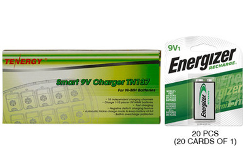 10 Bay 9 Volt Charger + 20 x 9 Volt Energizer Recharge NiMH Batteries (175 mAh) 10 Bay 9 Volt Charger + 20 x 9 Volt Energizer Recharge NiMH Batteries (175 mAh)