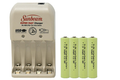 Sunbeam AA / AAA Battery Charger + 4 AAA NiMH Batteries (900 mAh) Sunbeam AA / AAA Battery Charger + 4 AAA NiMH Batteries (900 mAh)