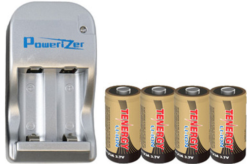 4 x Tenergy RCR123A (16340) 3.7 Volt Lithium Ion Batteries (650 mAh) + 2 Bay Powerizer Smart Charger 4 x Tenergy RCR123A (16340) 3.7 Volt Lithium Ion Batteries (650 mAh) + 2 Bay Powerizer Smart Charger