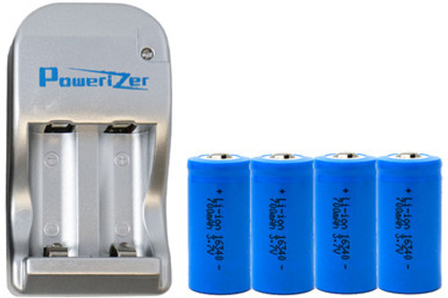 4 x RCR123 (16340) 3.7 Volt Lithium Ion Batteries (700 mAh) + 2 Bay Powerizer Smart Charger 4 x RCR123 (16340) 3.7 Volt Lithium Ion Batteries (700 mAh) + 2 Bay Powerizer Smart Charger