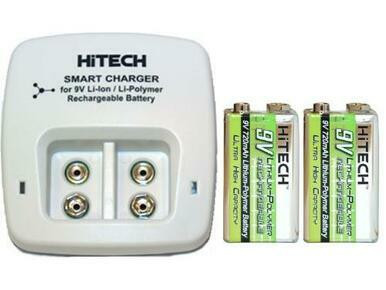 2 Bay 9 Volt Li-Ion /  Li-Po Smart Charger + 2 x 9 Volt  HiTech  Lithium Polymer Batteries (720 mAh)