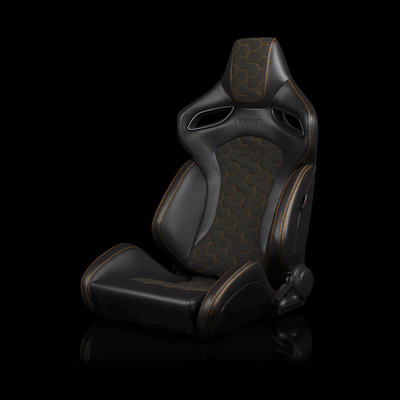 BRAUM ORUE-S Series Sport Reclinable Seats Black Leatherette | Honeycomb Alcantara | Orange Stitching - Priced Per Pair