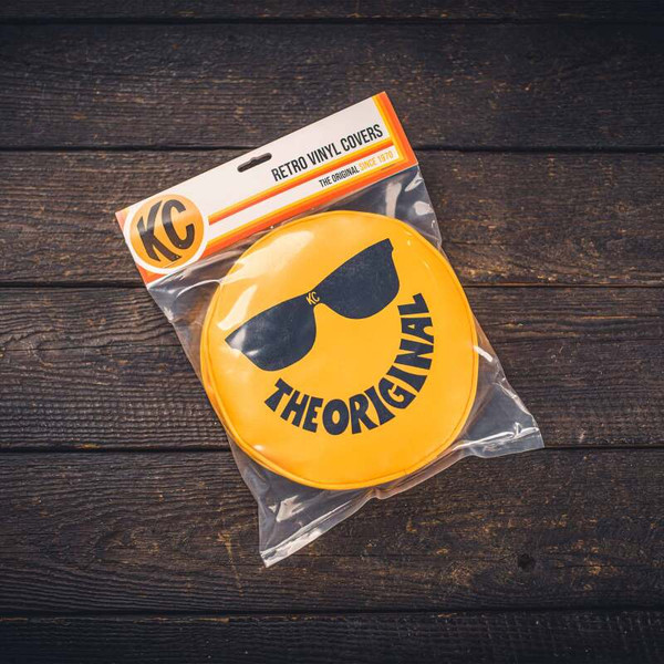KC HiLiTES Retro 8in Round Yellow Vinyl Light Cover w/ Black KC The Original Logo (Pair) - 5805