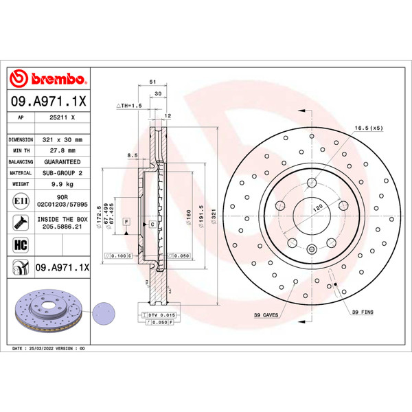 Brembo OE 10-15 Chevrolet Camaro/10-17 Equinox/14-20 Impala Drilled Xtra Brake Disc - Front - 09.A971.1X