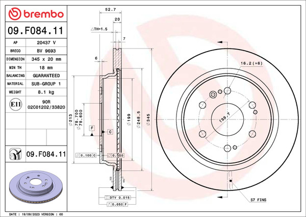Brembo OE 21-22 Cadillac Escalade/2022 GMC Sierra 1500/21-22 Yukon UV Coated Brake Disc - Rear - 09.F084.11