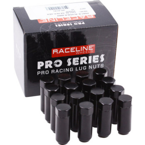 Raceline Military Lug Nuts - 3/4in -12mm x 1.5in - 16 Pack - Black - ALUGB-R-20BX