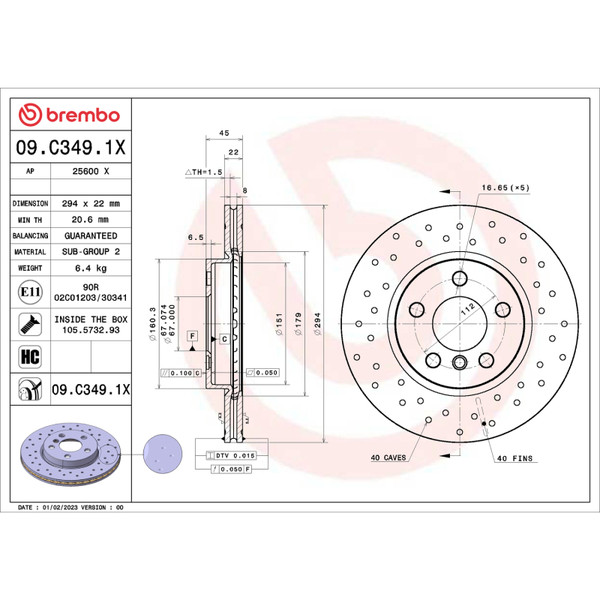 Brembo OE 01-17 BMW 1 Series (F52) Front Premium Xtra Cross Drilled UV Coated Rotor - 09.C349.1X