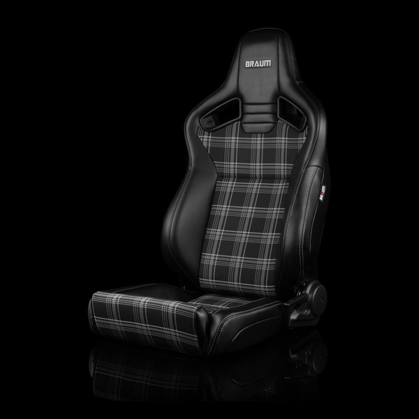 BRAUM ELITE V2 Series Sport Reclinable Seats Black Leatherette | Grey Plaid Fabric | Low Bolster Version - Priced Per Pair