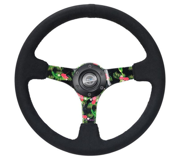 NRG Reinforced Steering Wheel (350mm / 3in. Deep) Black Suede w/ 5mm Floral 3-Spoke Center - RST-036TROP-S