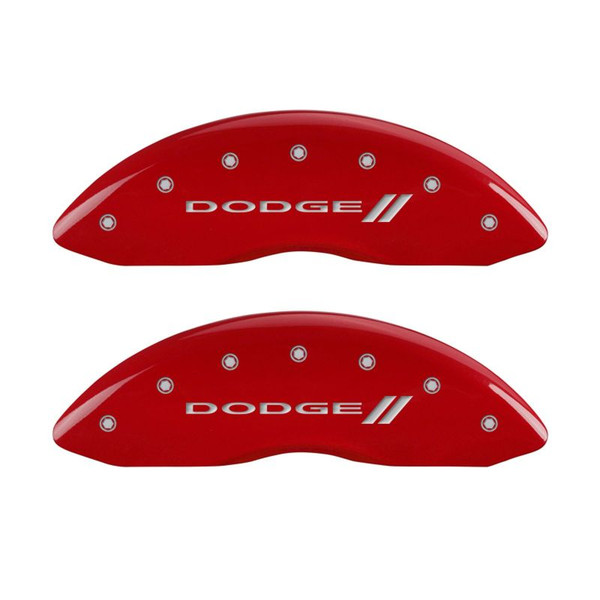 MGP 4 Caliper Covers Engraved Front & Rear With stripes/Dodge Red finish silver ch - 12005SDD3RD