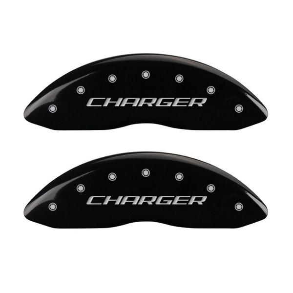MGP 4 Caliper Covers Engraved Front Charger Engraved Rear RT Black finish silver ch - 12162SCHRBK