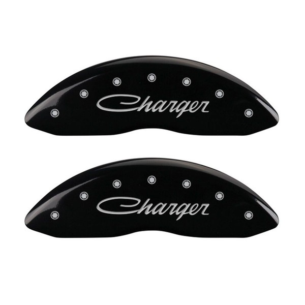 MGP 4 Caliper Covers Engraved Front & Rear Cursive/Charger Black finish silver ch - 12162SCHSBK