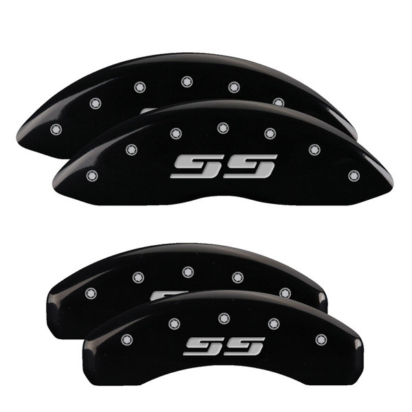 MGP 4 Caliper Covers Engraved Front & Rear Silverado style/SS Black finish silver ch - 14002SSS3BK
