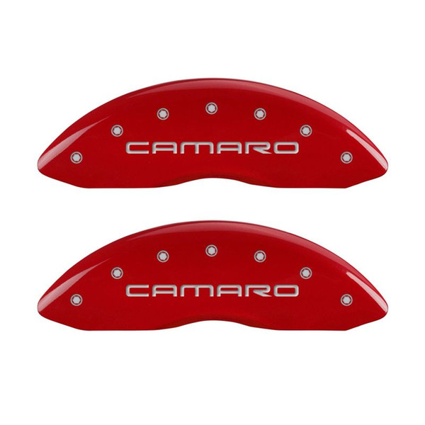 MGP 4 Caliper Covers Engraved Front & Rear Gen 4/Camaro Red finish silver ch - 14027SCA4RD