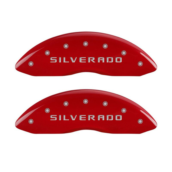 MGP 4 Caliper Covers Engraved Front & Rear Silverado Red finish silver ch - 14034SSILRD